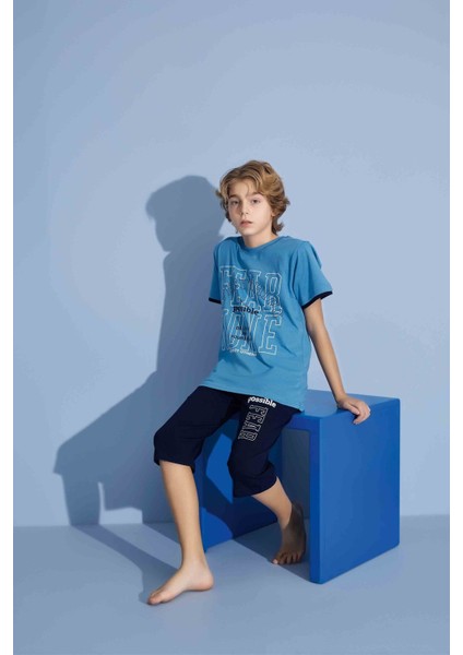 Erkek Çocuk Sportswear Fear None T-Shirt Kapri Alt Bisiklet Yaka Orta Kalın Pijama TAKIMI-3922 modelleri