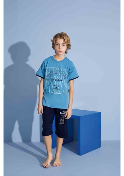 Erkek Çocuk Sportswear Fear None T-Shirt Kapri Alt Bisiklet Yaka Orta Kalın Pijama TAKIMI-3922 indirimleri