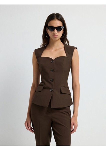 Vatkalı Önü Cepli Yelek Kahve 17943071003