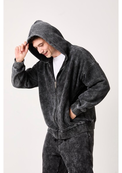 X-2002 Kapüşonlu Fermuarlı Yıkama Detaylı Üç Ip Şardonlu Sweatshirt modelleri