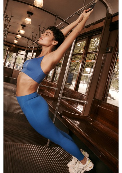 Saks Mavisi Orta Destek Cepli Yüksek Bel Tayt