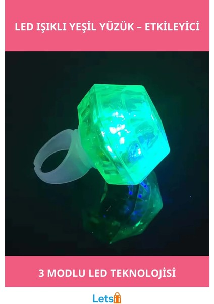 Kristal Tasarımlı LED Işıklı Yeşil Yüzük