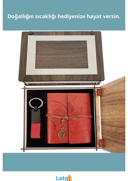 Özel Ahşap Kutulu Kiremit Rengi Deri Not Defteri ve Anahtarlık fiyatları