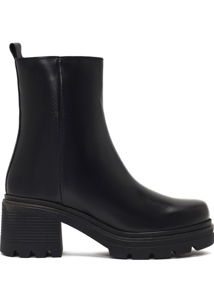 Kadın Siyah Fermuarlı Kalın Topuklu Deri Bot 25WFD187518