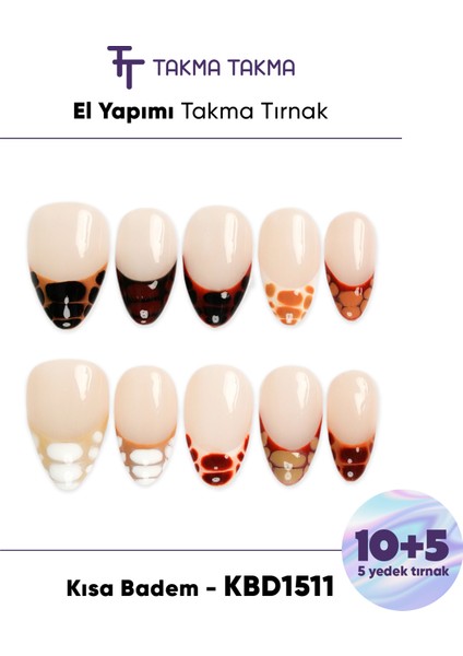 15'li Ten Rengi Kısa Badem KBD1511 Tekrar Kullanılabilir El Yapımı Protez Takma Tırnak - Ten Rengi-L