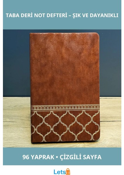Gold Işlemeli Taba Rengi Deri Not Defteri 192 Sayfa