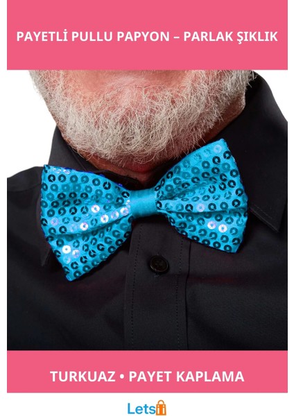 Açık Mavi Turkuaz Payetli Pullu Papyon