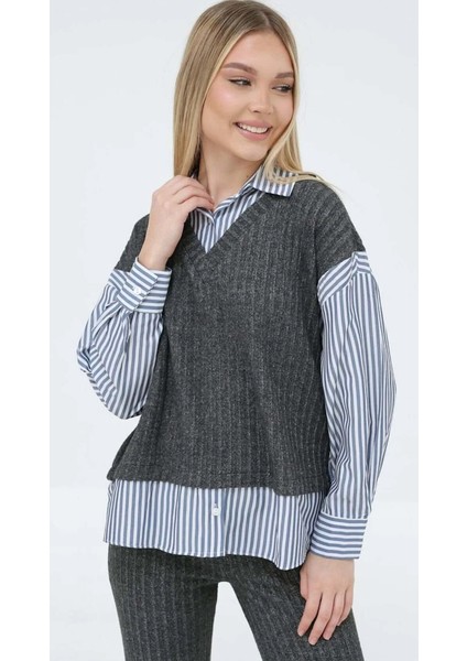 Çizgili Gömlekli Ikili Triko Alt Üst Takım modelleri