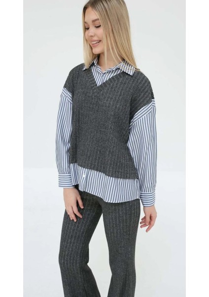 Çizgili Gömlekli Ikili Triko Alt Üst Takım fırsatları