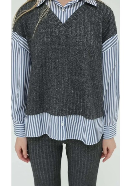 Çizgili Gömlekli Ikili Triko Alt Üst Takım indirimleri