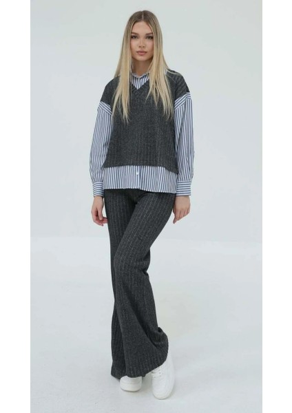 Çizgili Gömlekli Ikili Triko Alt Üst Takım