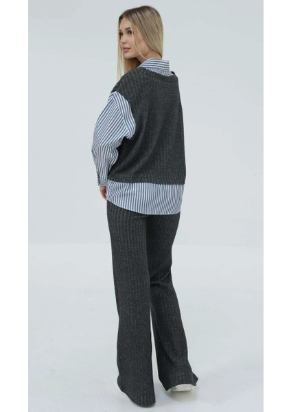 Çizgili Gömlekli Ikili Triko Alt Üst Takım