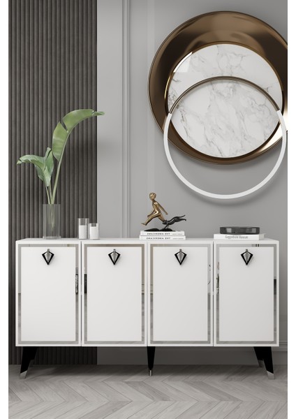 8210-32DD KB150 Konsol, Tv Ünitesi Beyaz-Gümüş-Siyah