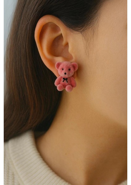 Ünlü Teddy Model Peluş Ayıcık Gümüş Iğneli Kadın Bijuteri Küpe Pembe