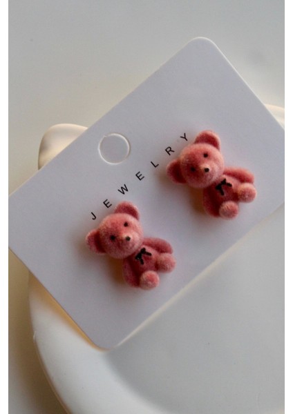 Ünlü Teddy Model Peluş Ayıcık Gümüş Iğneli Kadın Bijuteri Küpe Pembe fiyatları