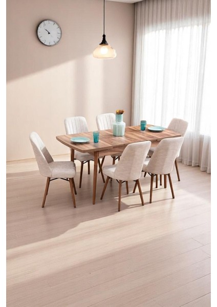 Mutfak Masası Takımı | 6 Kişilik Açılır Masa Sandalye Takımı | Yemek Masası | Masa Takımı - Krem