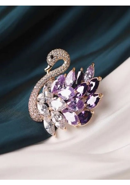 Şık Mor Taşlı Kuğu Broş fiyatları