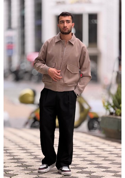 X-2025 Cep Detaylı Fermuarlı Astarlı Kaşe Mont