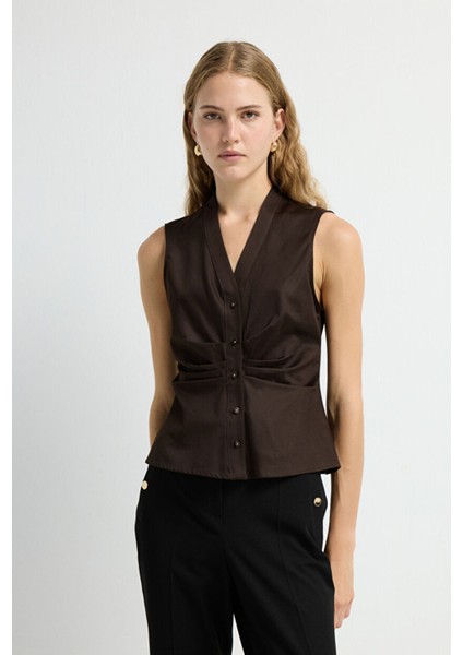 Büzgülü Düğmeli Bluz Kahve 11543676003