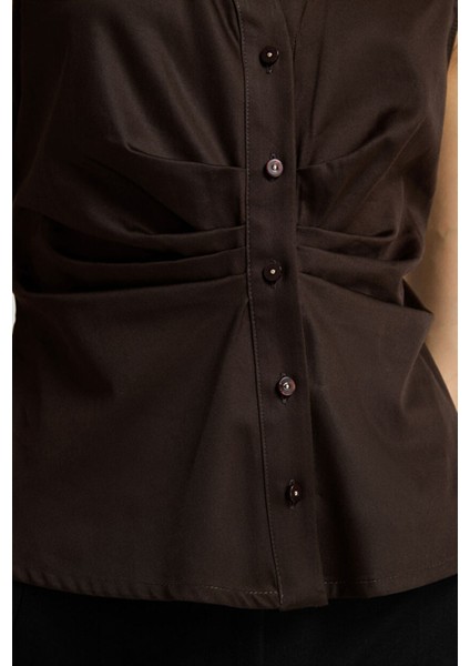 Büzgülü Düğmeli Bluz Kahve 11543676003 fiyatları