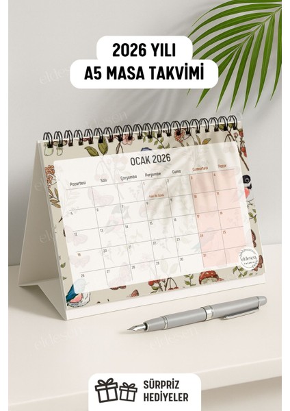 2026 Masa Takvimi Spiralli A5 (21X16CM) Büyük Boy / Resmi Tatiller ve Hafta Sonları / 12 Aylık