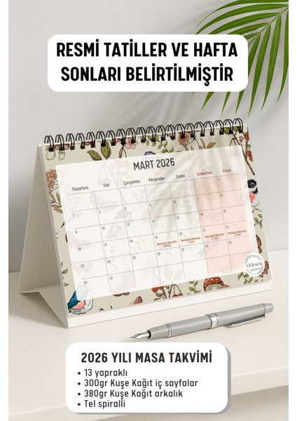 2026 Masa Takvimi Spiralli A5 (21X16CM) Büyük Boy / Resmi Tatiller ve Hafta Sonları / 12 Aylık fiyatları