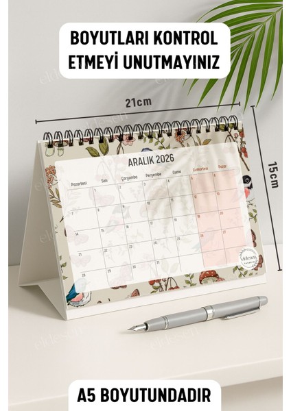 2026 Masa Takvimi Spiralli A5 (21X16CM) Büyük Boy / Resmi Tatiller ve Hafta Sonları / 12 Aylık modelleri