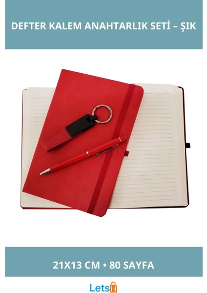 Kırmızı Termo Deri Defter Metal Kalem ve Deri Anahtarlık Seti