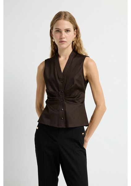 Büzgülü Düğmeli Bluz Kahve 11543676003 fırsatları