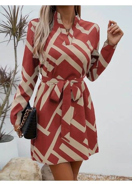 Kadın Uzun Kollu V Yakalı Desenli Belinde Kuşaklı Dalgıç Elbise L-Xl-Bordo