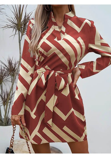 Kadın Uzun Kollu V Yakalı Desenli Belinde Kuşaklı Dalgıç Elbise L-Xl-Bordo fiyatları