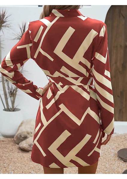 Kadın Uzun Kollu V Yakalı Desenli Belinde Kuşaklı Dalgıç Elbise L-Xl-Bordo fırsatları