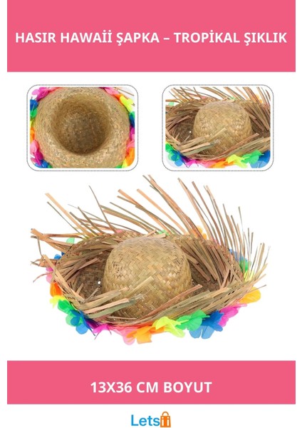 Doğal Renkli Püsküllü Örme Hasır Hawaii Şapka