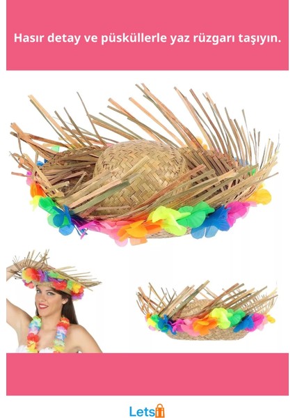 Doğal Renkli Püsküllü Örme Hasır Hawaii Şapka fiyatları