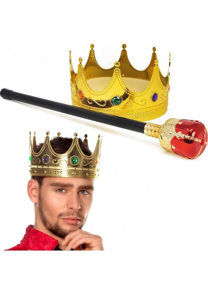 Altın Renk 60 cm Kral Tacı Kraliyet Tacı ve Kırmızı Topuzlu Kral Asası Seti (K95)