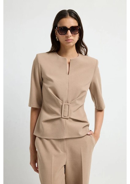 Toka Detaylı Kısa Kollu Bluz Camel 11545552000