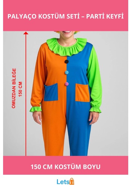 Renkli Palyaço Kostümü 150 cm Peruk, Burun ve Eğlenceli Aksesuarlar