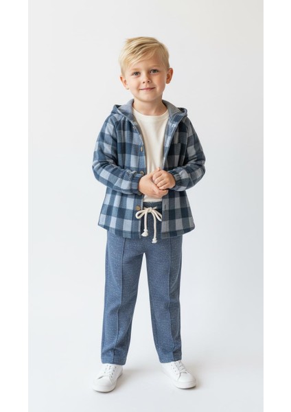 Mavi Ekoseli Kapşonlu Gömlekli 3lü Takım