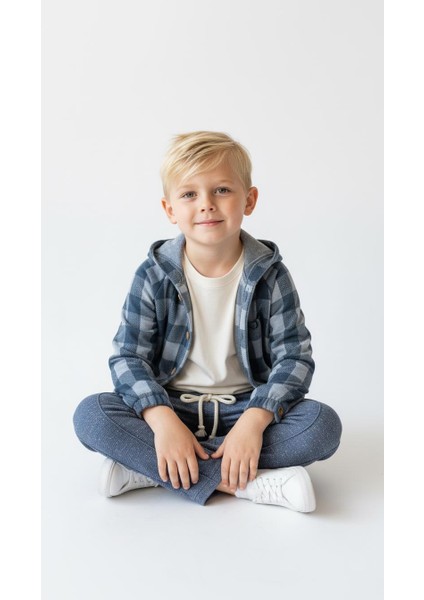 Mavi Ekoseli Kapşonlu Gömlekli 3lü Takım indirimleri