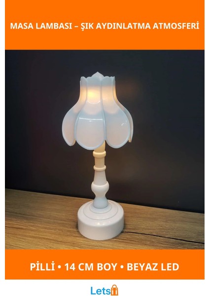 Şık Tasarımlı 14 cm Pilli Dekoratif Abajur Masa Lambası Beyaz