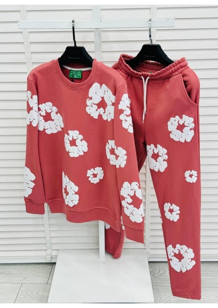 Gül Kurusu Renk Çiçek Desenli Oversize 3 Iplik Erkek Eşofman Takımı - %100 Pamuk