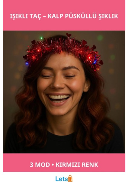Kalp Püsküllü 3 Modlu LED Işıklı Taç Kırmızı Renk
