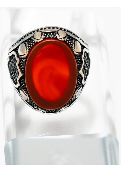 “erkek Gümüş Otantik Desenli Kırmızı Akik Taşlı El Işçiliği Vintage Model Yüzük – Siyah Detaylı 925 Ayar Gümüş”