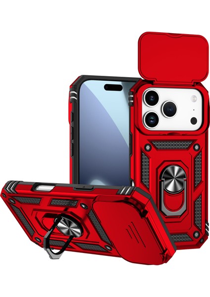 iPhone 17 Pro Için Sürgülü Kamera Koruması ve Halka Tutucu Standlı Kılıf, Hibrit Koruyucu Kılıf, Kırmızı (Yurt Dışından)