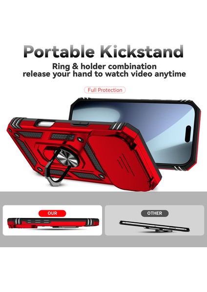 iPhone 17 Pro Için Sürgülü Kamera Koruması ve Halka Tutucu Standlı Kılıf, Hibrit Koruyucu Kılıf, Kırmızı (Yurt Dışından) indirimleri