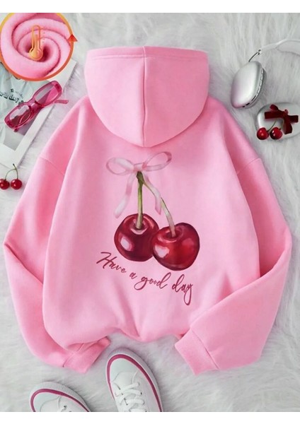 -Kadın Baskılı Cherry Sweatshırt 3iplik Kaliteli Kumaş Oversize Kesim