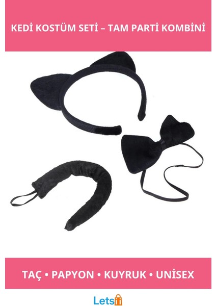 Siyah Kedi Kostümü Taç Kuyruk Papyon Seti