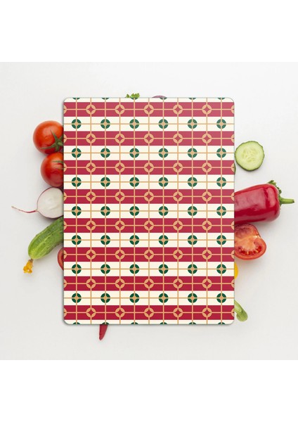 Cam Kesme Tahtası ve Sunumluk Kırmızı Beyaz Geometrik Desenli 20X30 cm modelleri