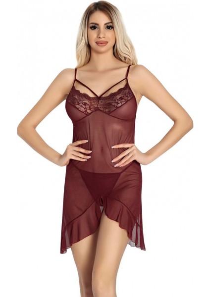 - Bordo Dantel Işlemeli Göğüs Ip Detaylı Fantezi Tül Gecelik