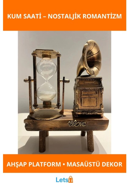 Nostaljik Gramofon Biblolu Kum Saati Ahşap Eskitme Dekoratif Süslü